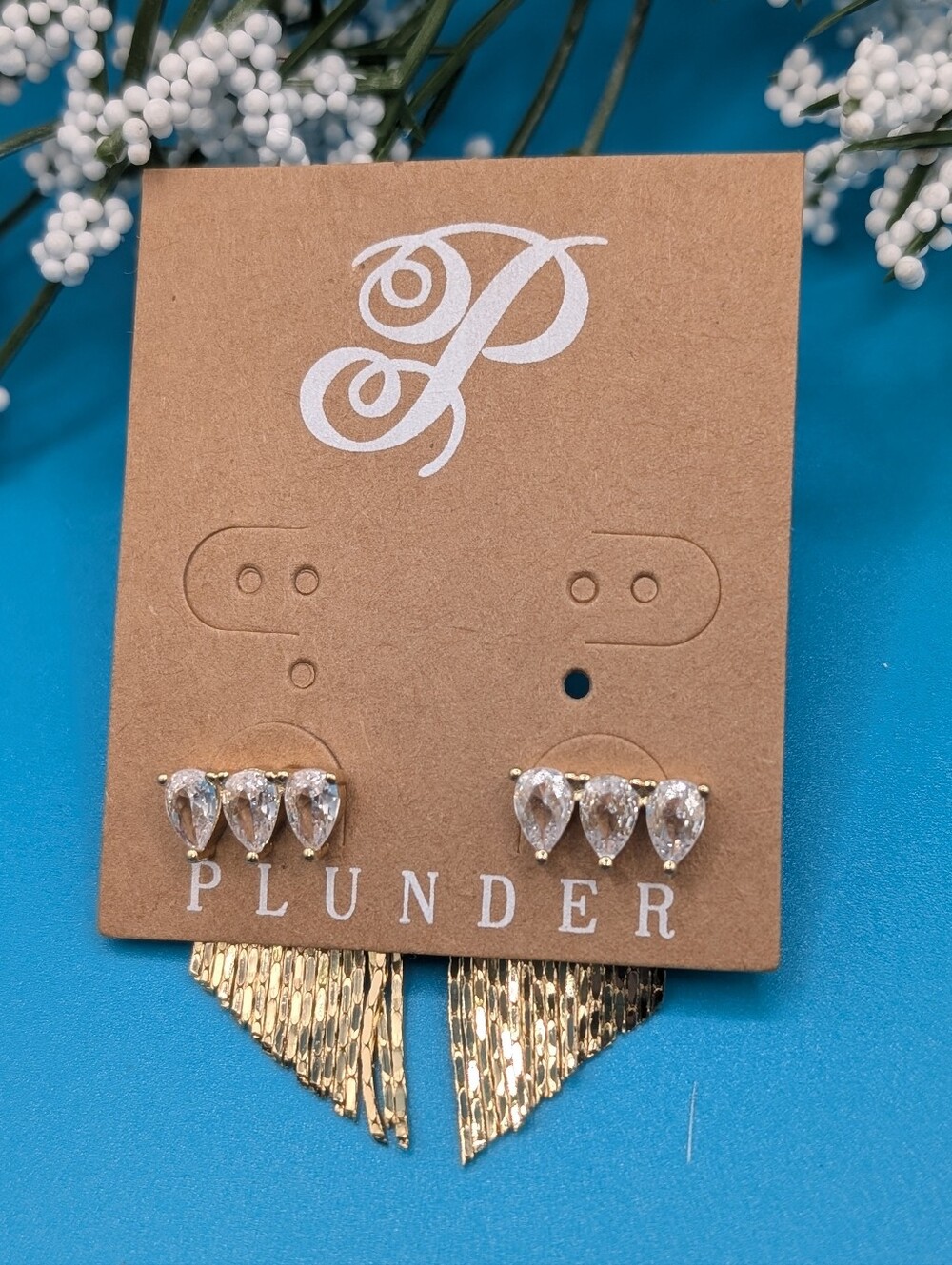 Plunder Gold Teardrop Crystal Trio Stud Earrings with Textured Drop Accent
